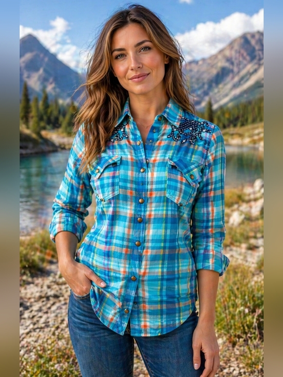 Roar Tops - Roar Blue Plaid Button-Up Shirt with Embroidery And Riverts, Size M